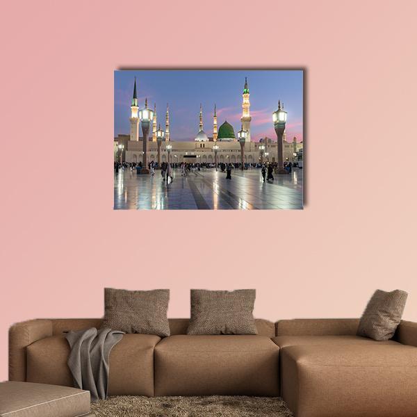 Prophet's Mosque in Medina at Dusk Canvas Wall Art in beige, blue and pink, single panel hung on a wall