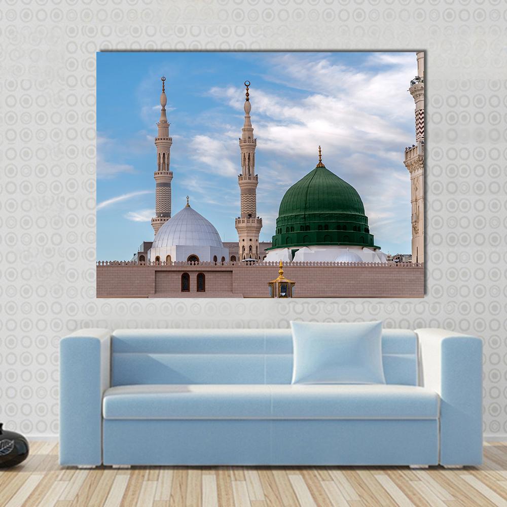 Green Dome at Al-masjid An-nabawi Canvas Wall Art in beige, green and blue, single panel hung on a wall