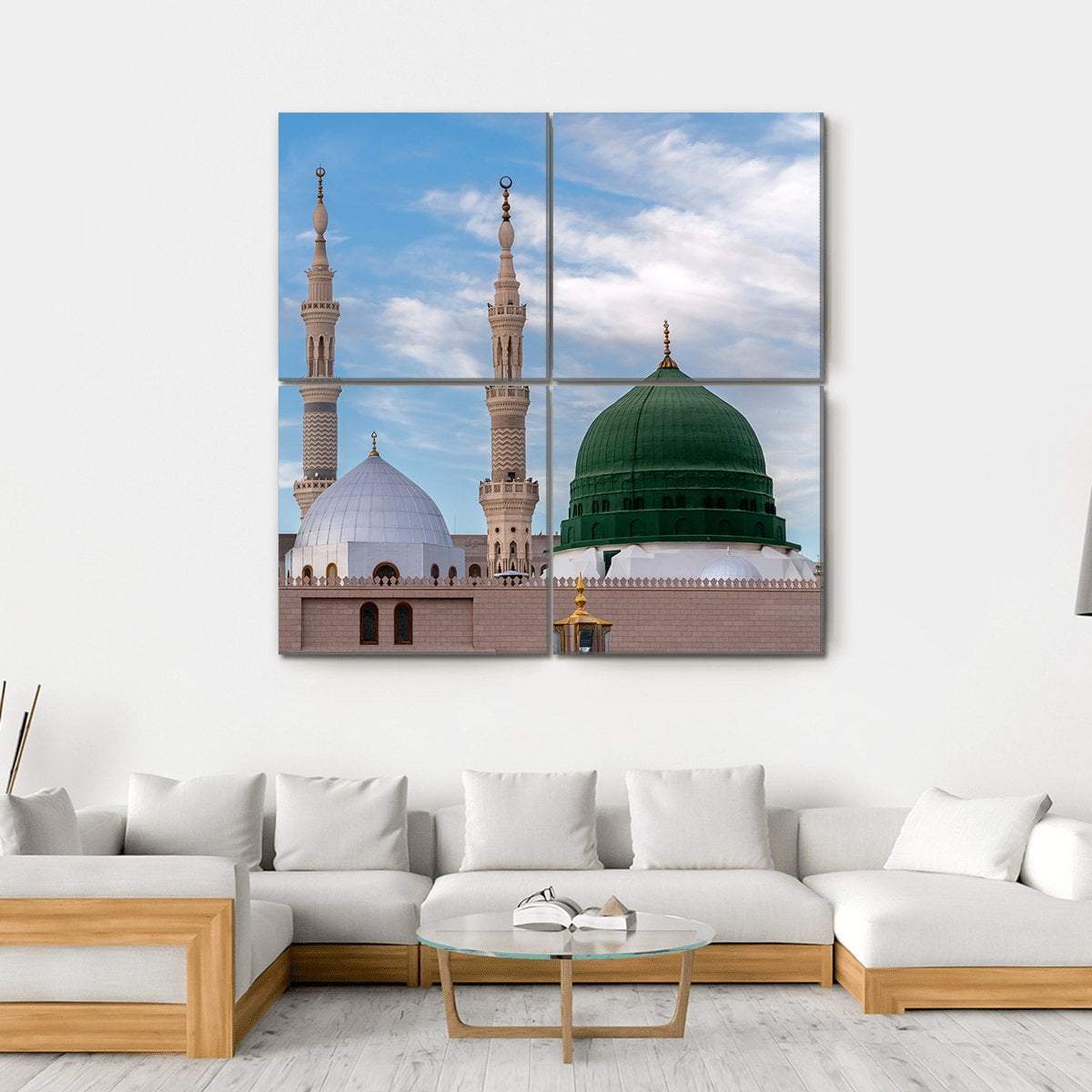 Green Dome with Minarets, Medina Canvas Wall Art in beige, green and blue, hung on a wall