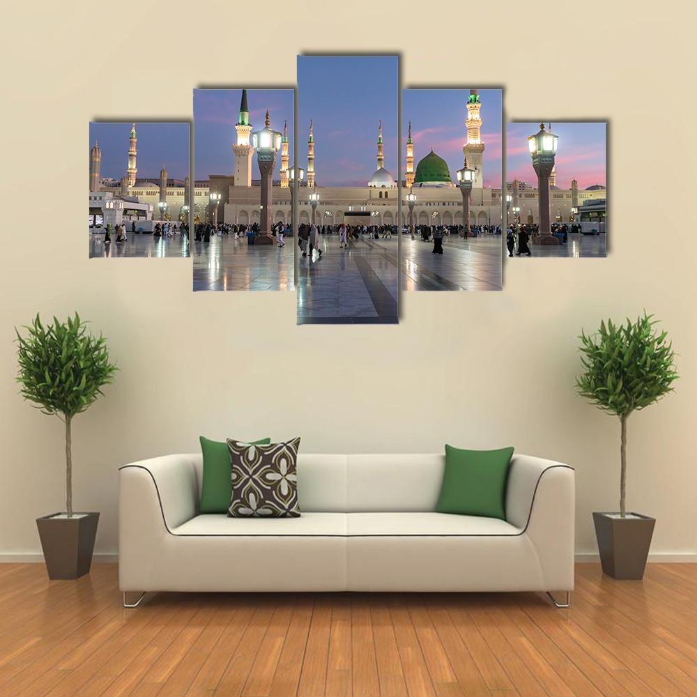 Prophet's Mosque Medina Canvas Wall Art-5 Star-Gallery Wrap-62" x 32"-Tiaracle