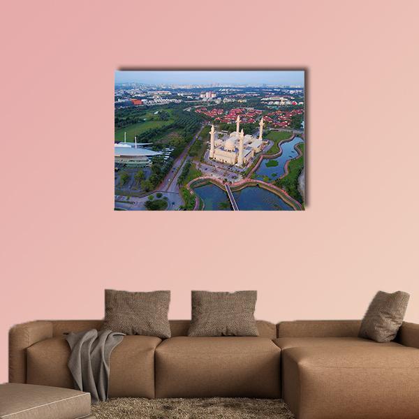 Shah Alam Mosque Aerial View Canvas Wall Art in green and blue, single panel hung on a wall