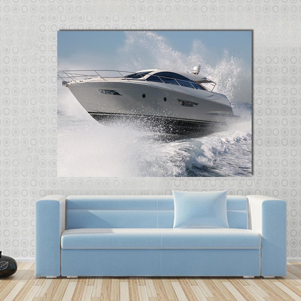 Yacht Jump Canvas Wall Art in white, gray and blue, single panel hung on a wall