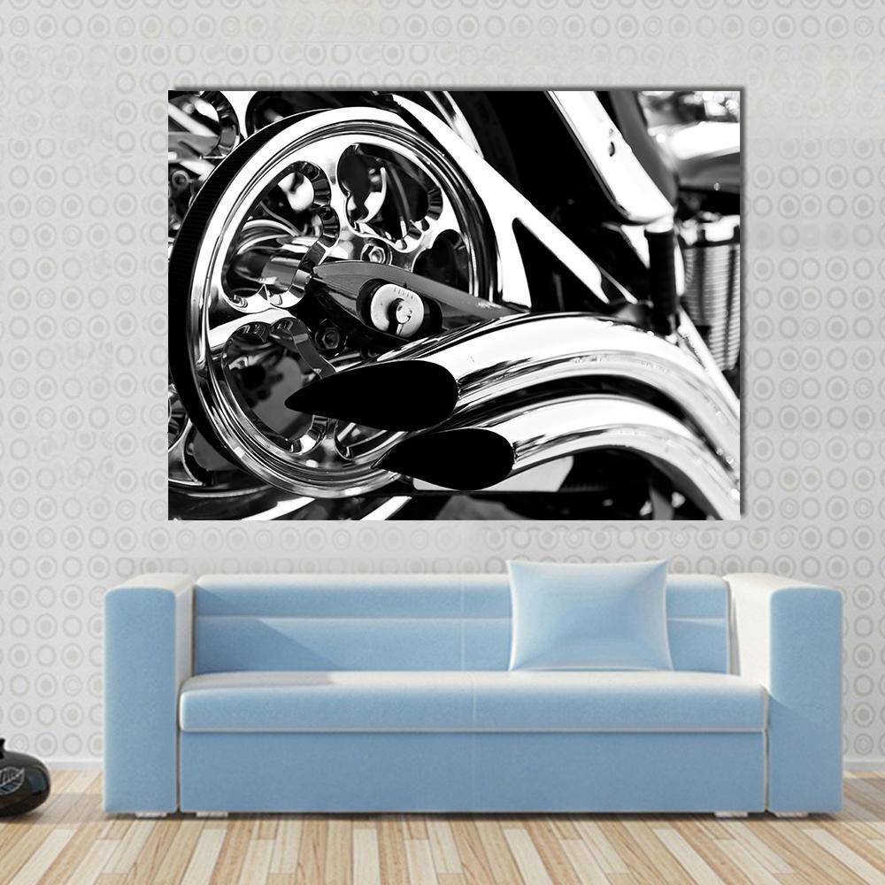 Motorbike Exhaust Pipes Canvas Wall Art in black, white and silver, single panel hung on a wall
