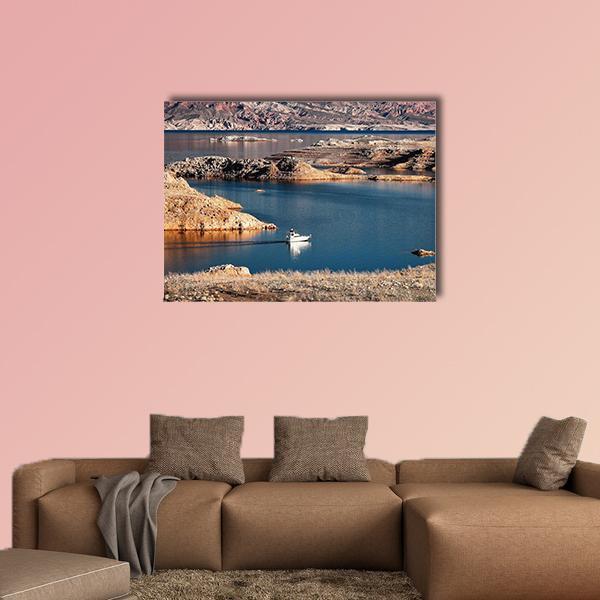 Lake Mead, Colorado with White Boat Canvas Wall Art in beige, brown and blue, single panel hung on a wall
