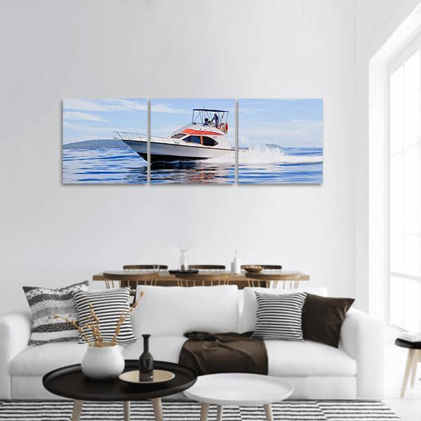 Motorboat In Ocean Panoramic Canvas Wall Art-3 Piece-25" x 08"-Tiaracle