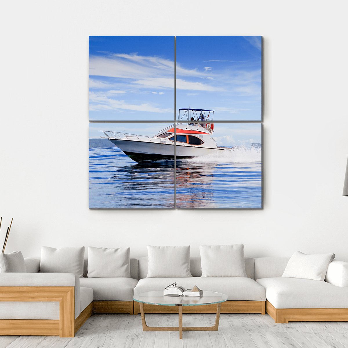 Motorboat In Ocean Canvas Wall Art-4 Square-Gallery Wrap-17" x 17"-Tiaracle
