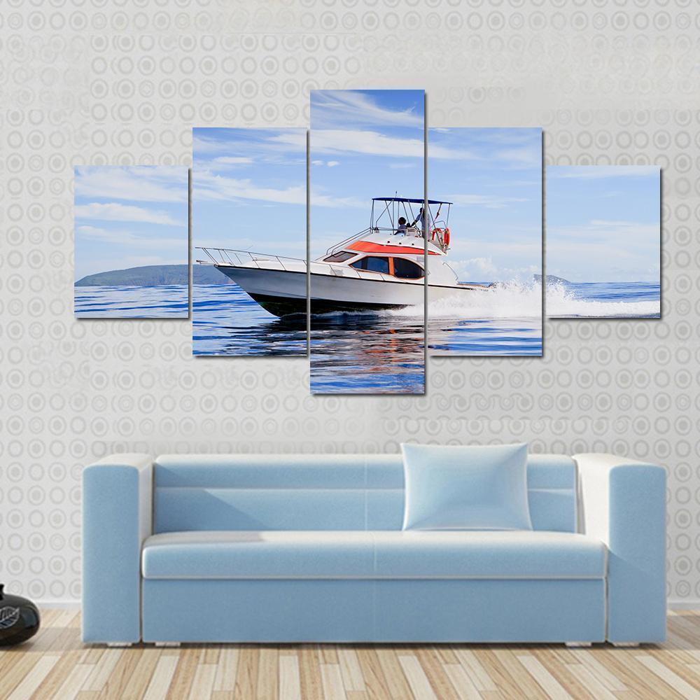 Motorboat In Ocean Canvas Wall Art-4 Pop-Gallery Wrap-50" x 32"-Tiaracle