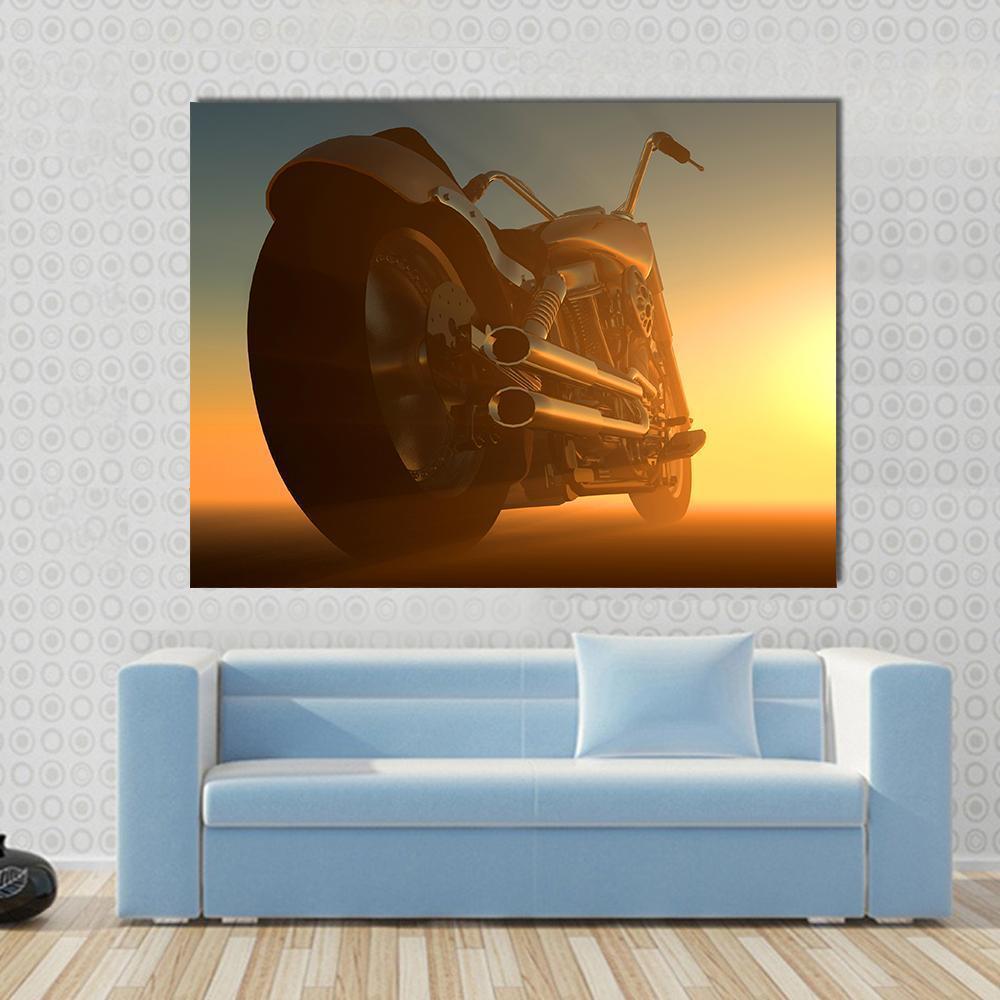 Motorcycle at Sunset Canvas Wall Art in black, orange and yellow, single panel hung on a wall