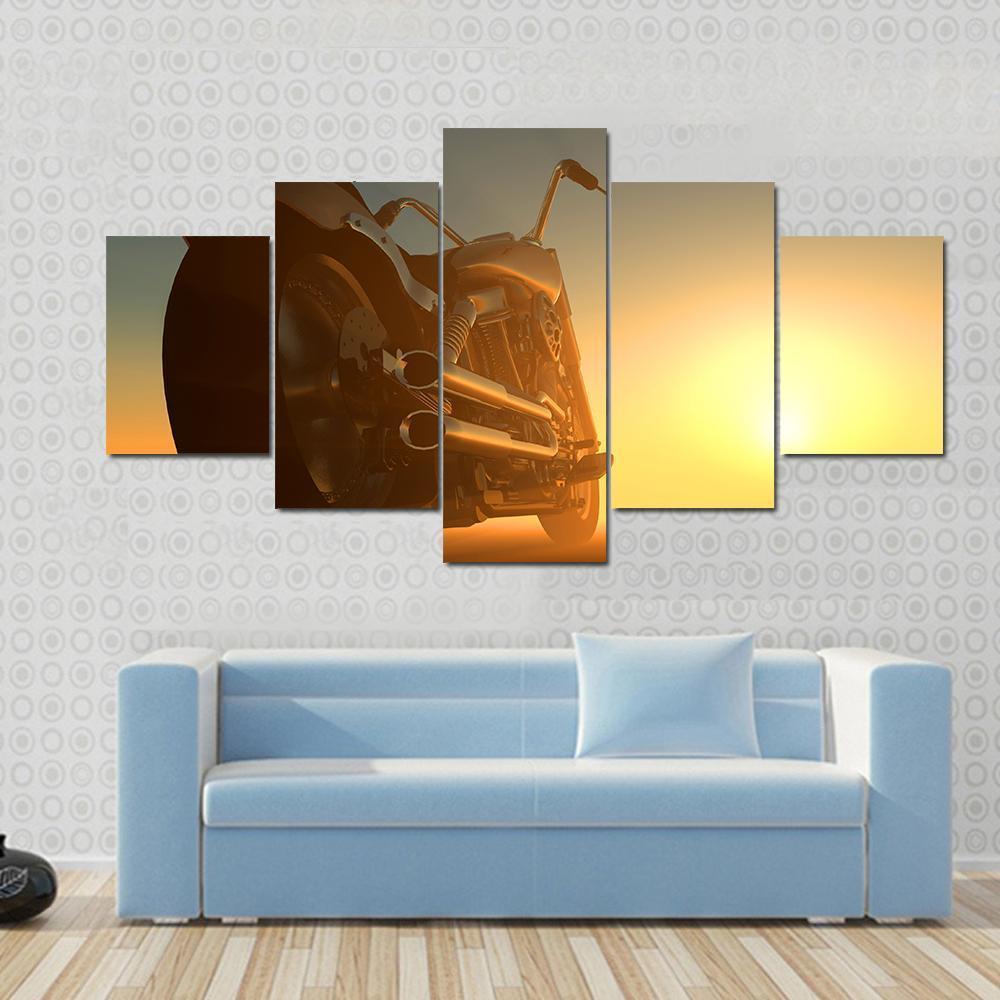 Motorcycle At Sunset Canvas Wall Art-5 Star-Gallery Wrap-62" x 32"-Tiaracle