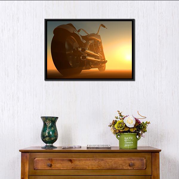 Motorcycle At Sunset Canvas Wall Art-1 Piece-Floating Frame-24" x 16"-Tiaracle