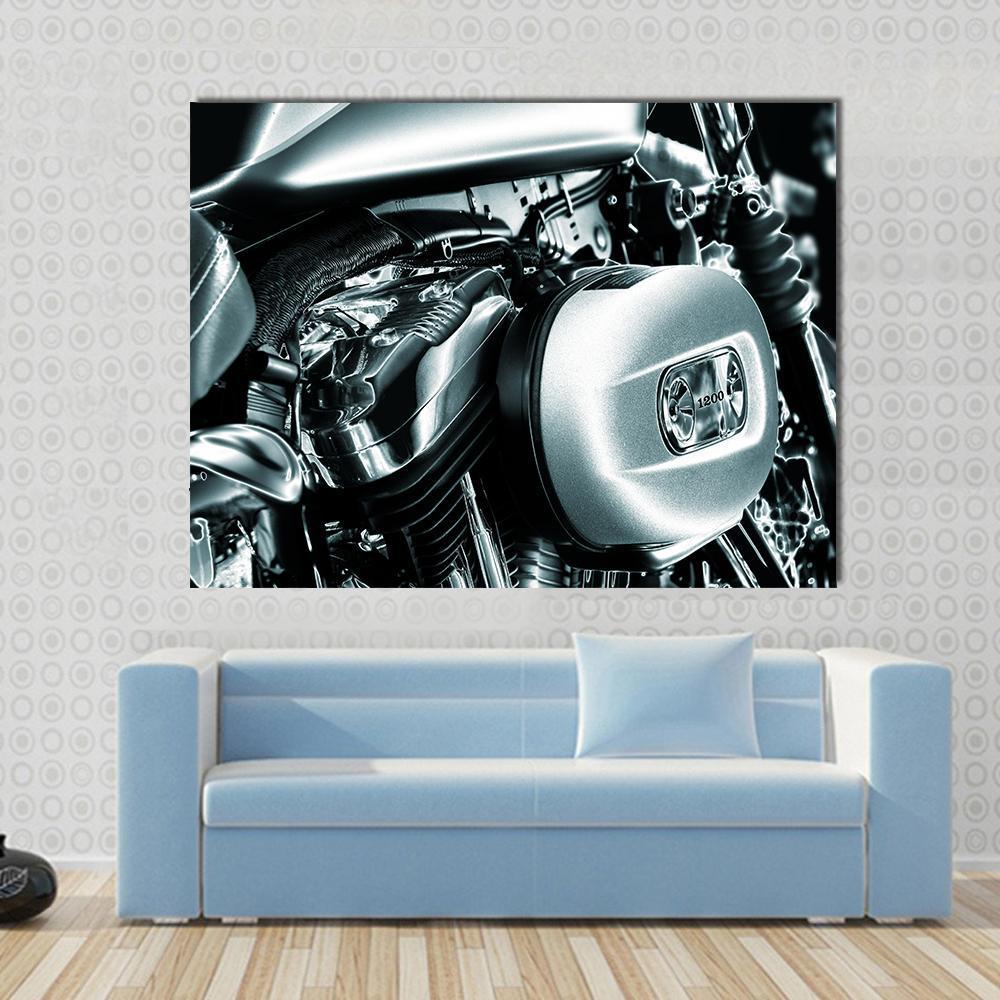 Motorcycle Engine Canvas Wall Art in black, gray and silver, single panel hung on a wall