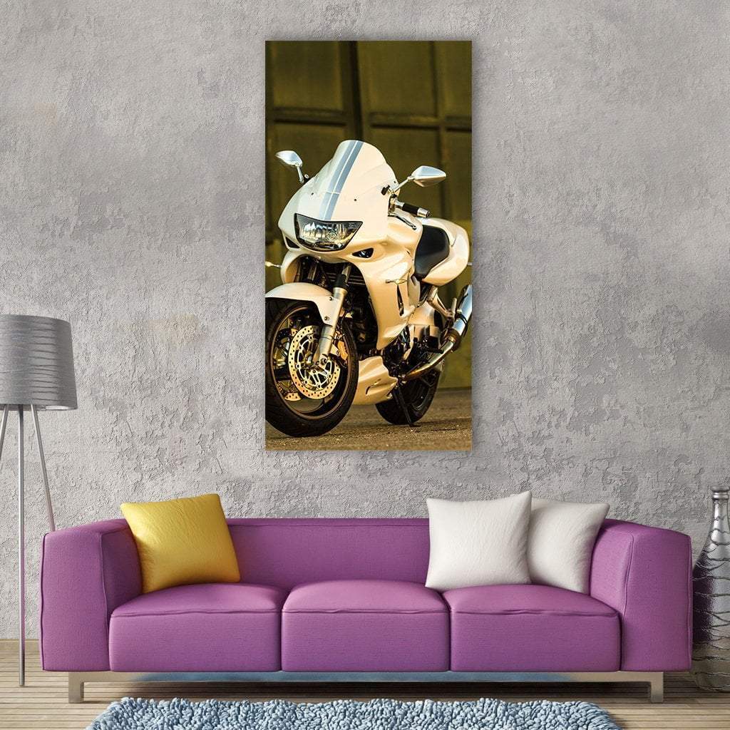 Honda Vtr1000f Sportbike Front View Vertical Canvas Wall Art in black, white and yellow, single vertical panel hung on a wall