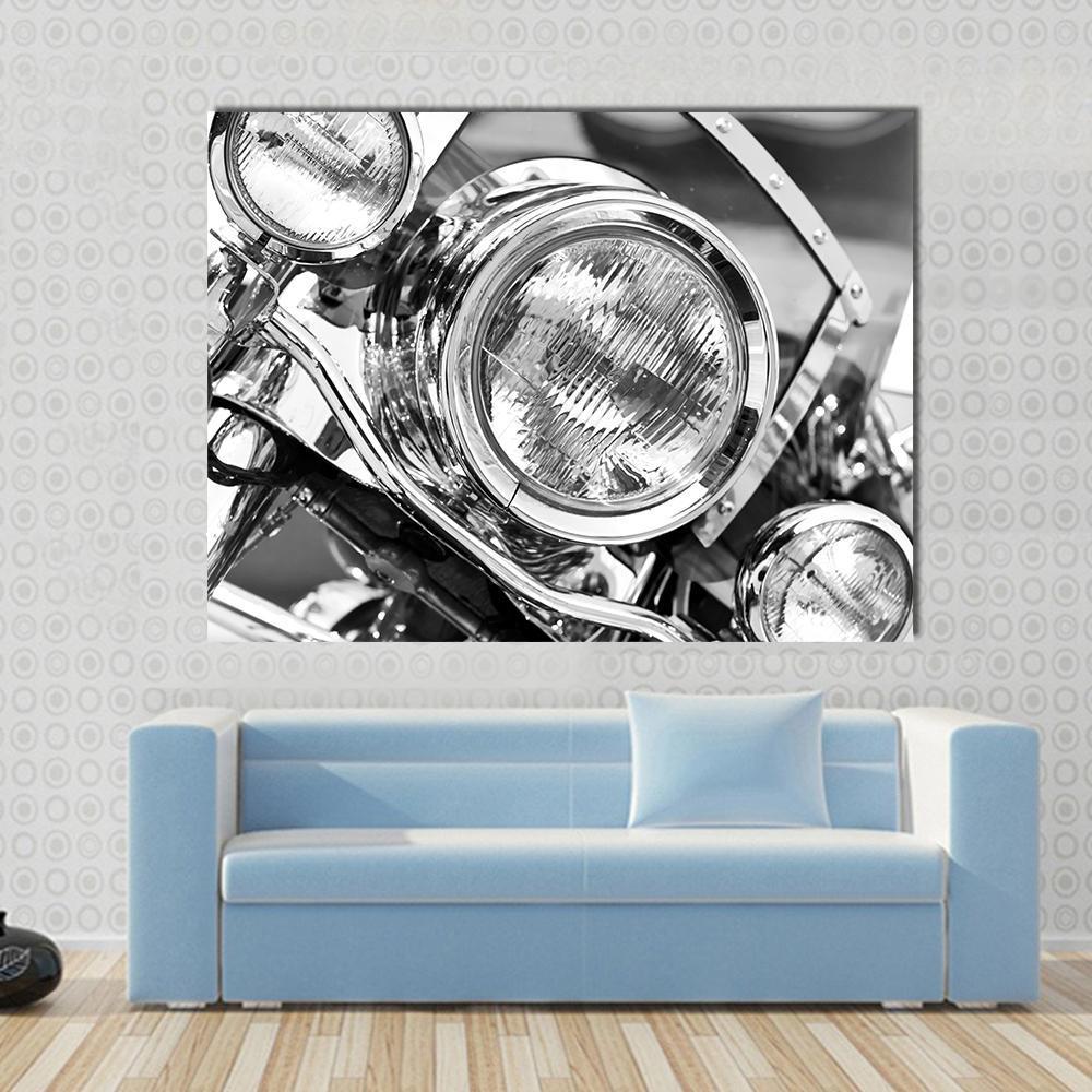 Motorcycle Headlights Canvas Wall Art in black, white and silver, single panel hung on a wall