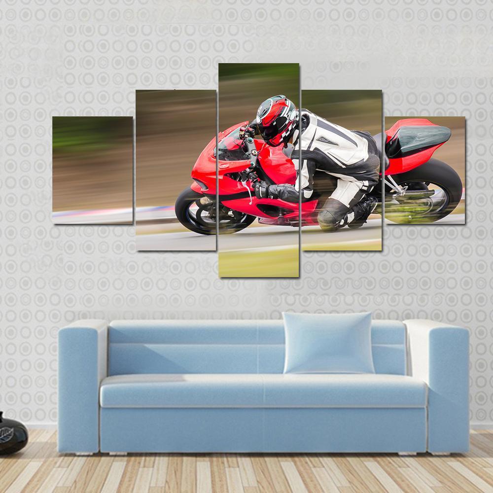 Motorcycle Race On Track Canvas Wall Art-5 Star-Gallery Wrap-62&quot; x 32&quot;-Tiaracle