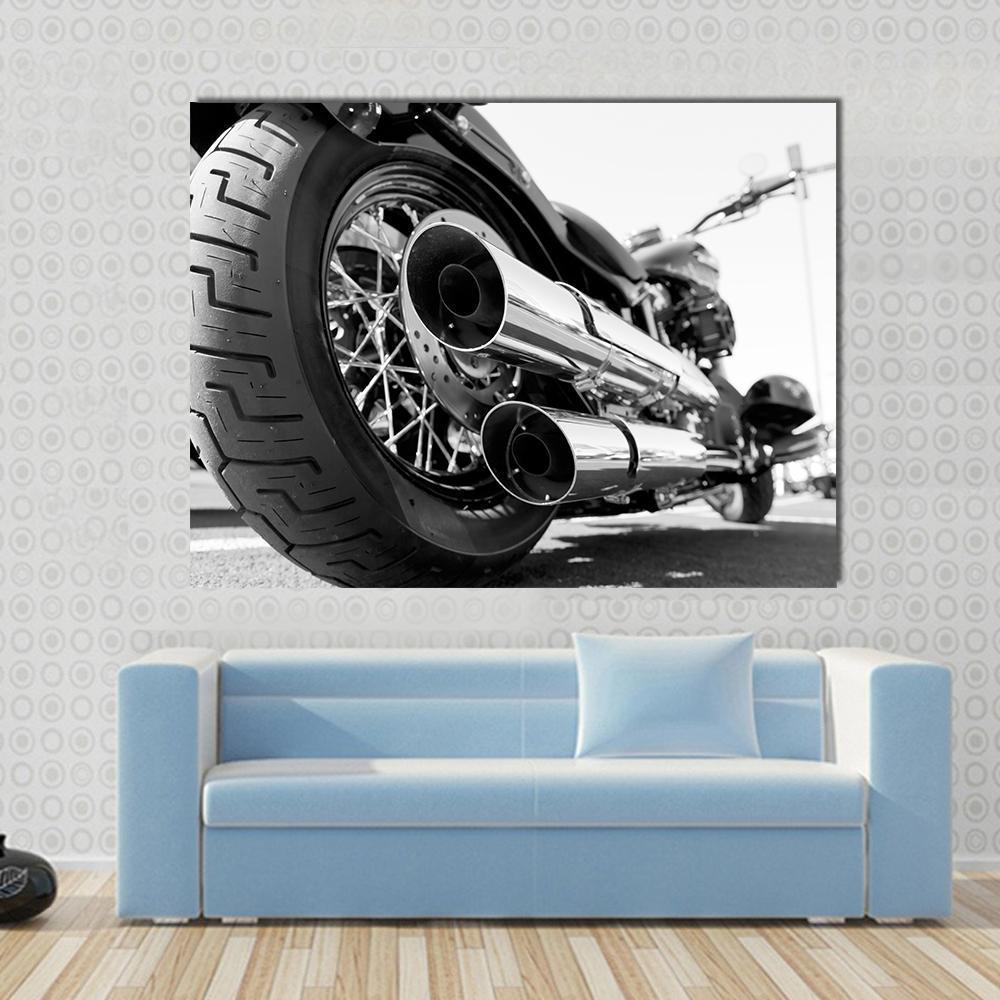Motorcycle Rear Wheel Canvas Wall Art in black, white and gray, single panel hung on a wall