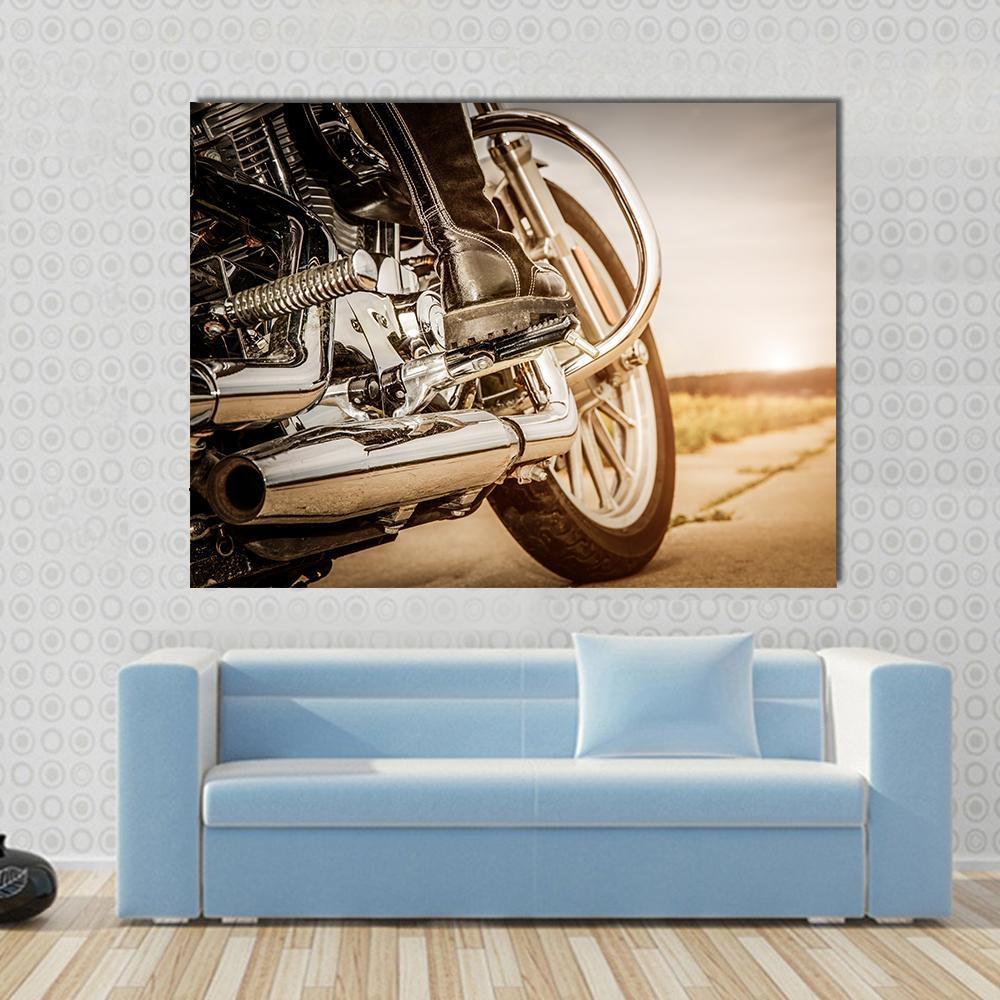 Motorcycle Engine Exhaust Sunset Canvas Wall Art in black, beige and silver, single panel hung on a wall