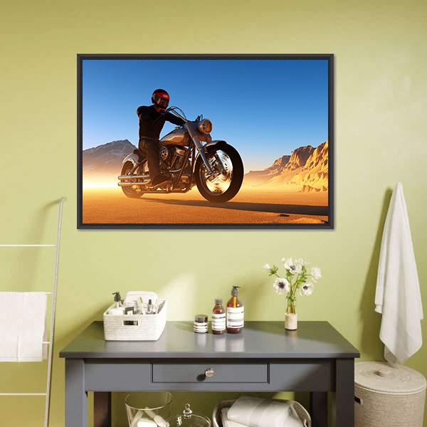 Motorcyclist In Desert Canvas Wall Art-1 Piece-Floating Frame-24" x 16"-Tiaracle