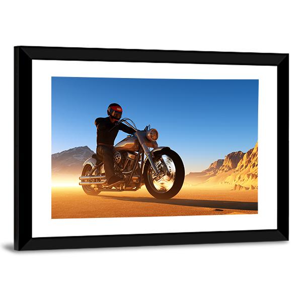 Motorcyclist In Desert Canvas Wall Art-3 Horizontal-Gallery Wrap-25" x 16"-Tiaracle