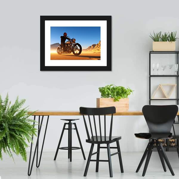 Motorcyclist In Desert Canvas Wall Art-5 Horizontal-Gallery Wrap-22" x 12"-Tiaracle