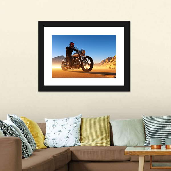 Motorcyclist In Desert Canvas Wall Art-3 Horizontal-Gallery Wrap-25" x 16"-Tiaracle