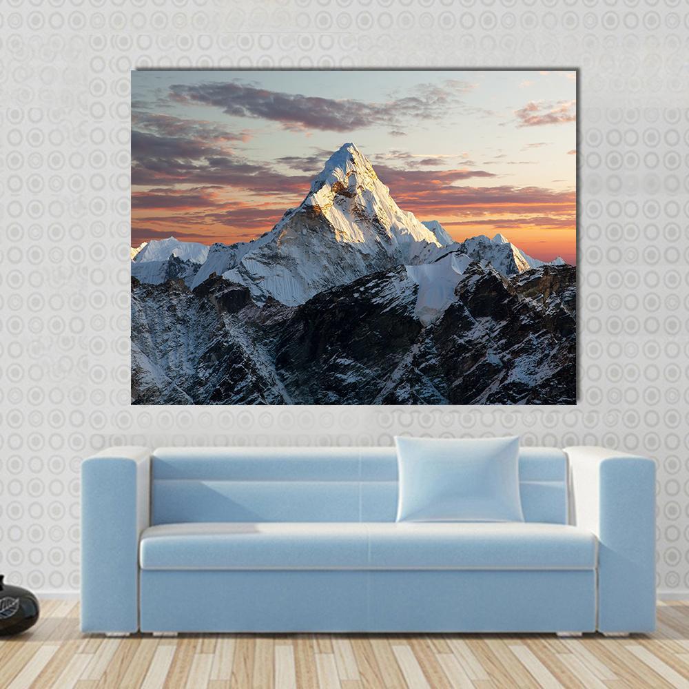 Mount Ama Dablam at Sunset Canvas Wall Art in white, orange and blue, single panel hung on a wall