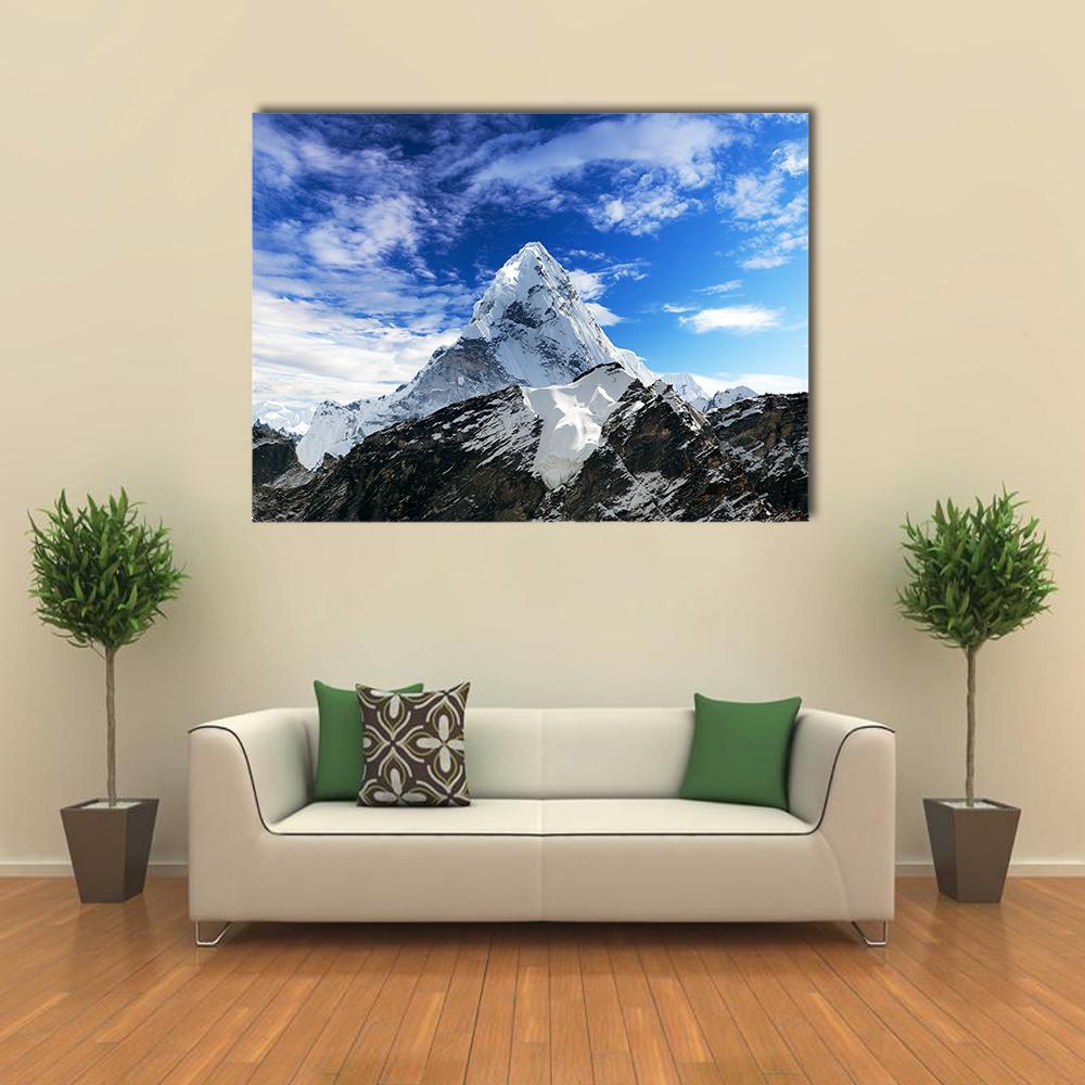 Mount Ama Dablam Canvas Wall Art in black, white and blue, single panel hung on a wall