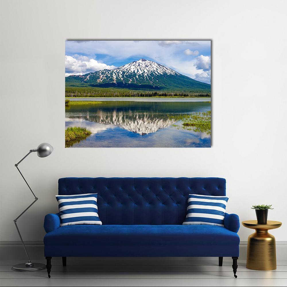 Mount Bachelor Reflected in Lake Canvas Wall Art in white, green and blue, single panel hung on a wall