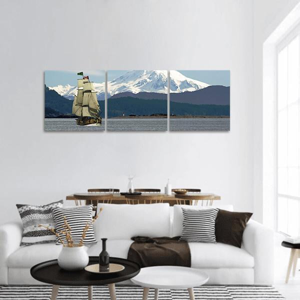 Mount Baker &amp; Sailing Ship Panoramic Canvas Wall Art-3 Piece-25" x 08"-Tiaracle