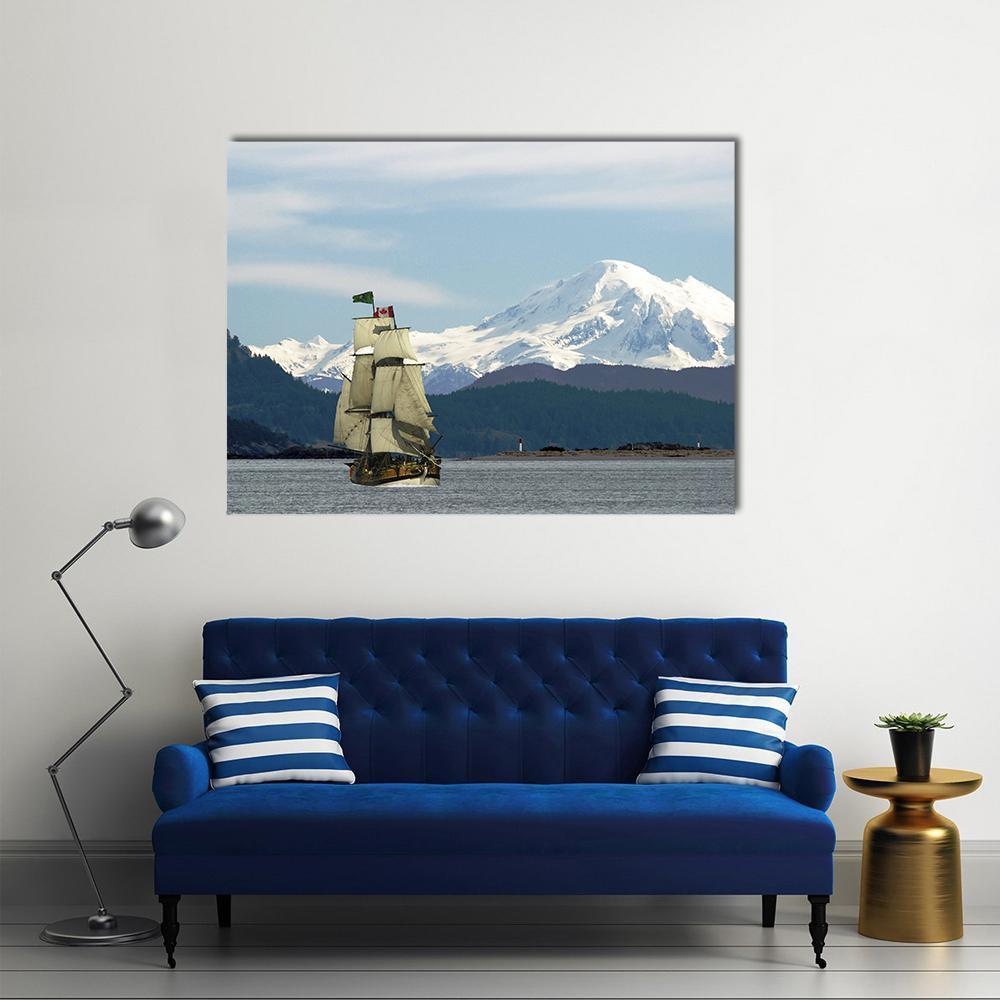 Mount Baker and Sailing Ship Canvas Wall Art in white, gray and blue, single panel hung on a wall