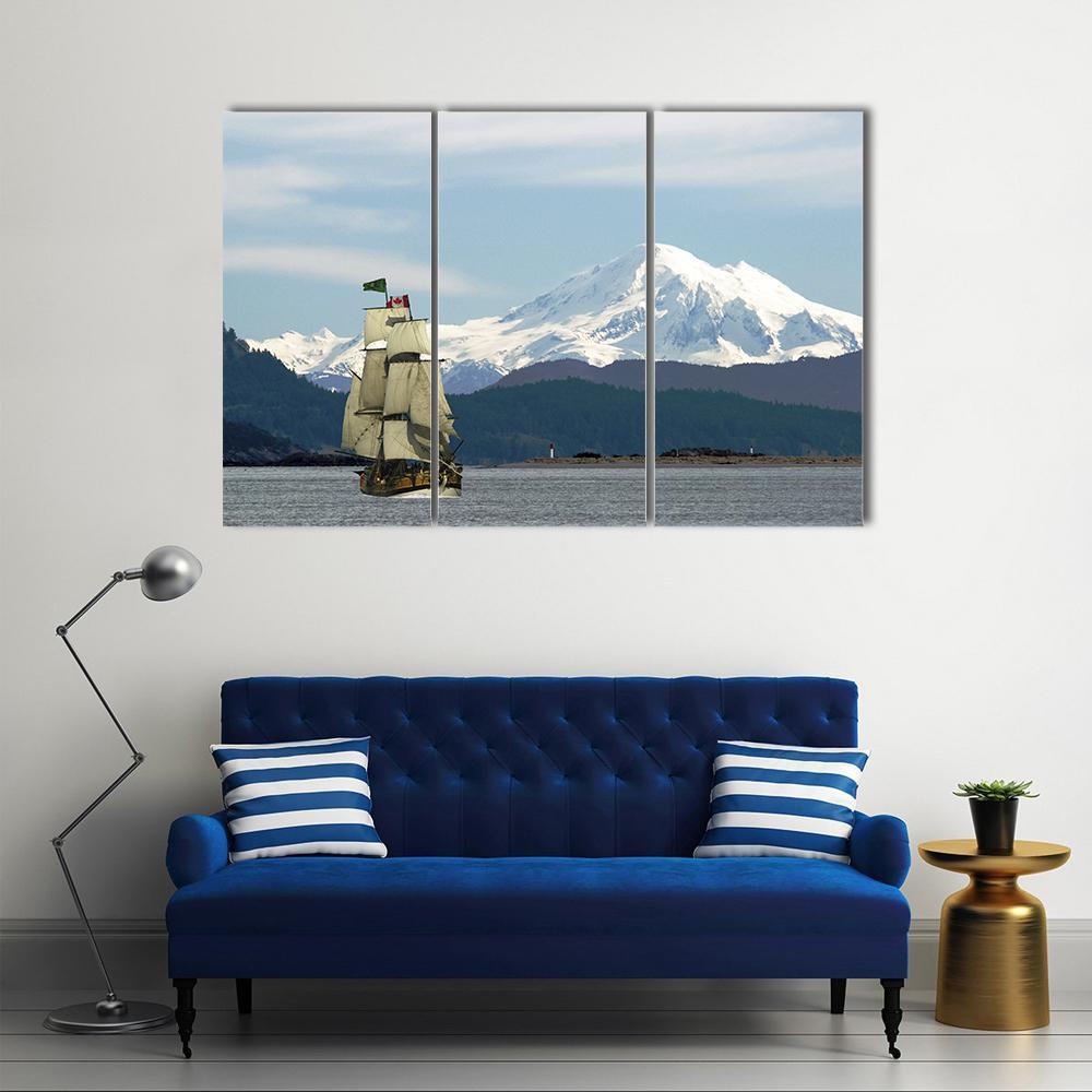 Mount Baker & Sailing Ship Canvas Wall Art-3 Horizontal-Gallery Wrap-37" x 24"-Tiaracle