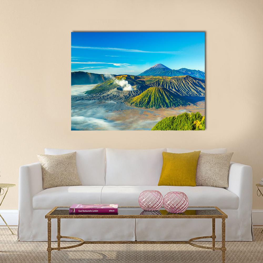 Mount Bromo at Morning Canvas Wall Art in brown, green and blue, single panel hung on a wall