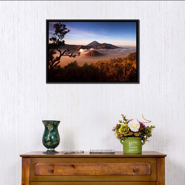 Mount Bromo Volcanoes Canvas Wall Art-1 Piece-Floating Frame-24" x 16"-Tiaracle