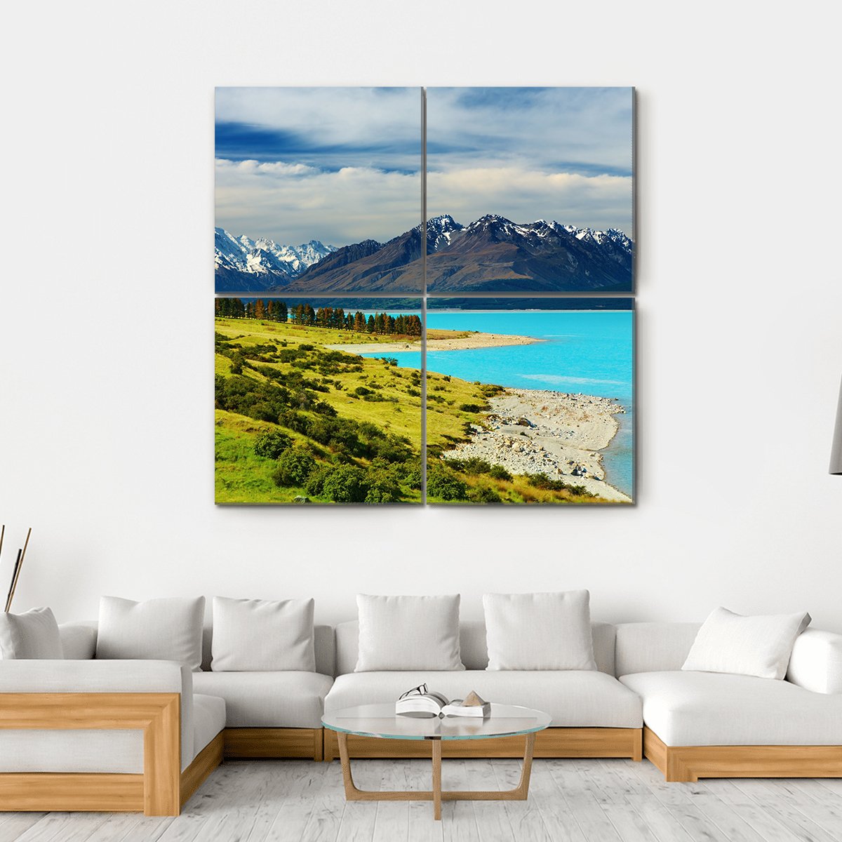 Mount Cook And Pukaki Lake Canvas Wall Art-4 Square-Gallery Wrap-17" x 17"-Tiaracle