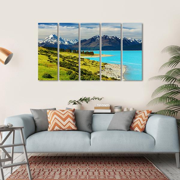 Mount Cook And Pukaki Lake Canvas Wall Art-5 Horizontal-Gallery Wrap-22" x 12"-Tiaracle