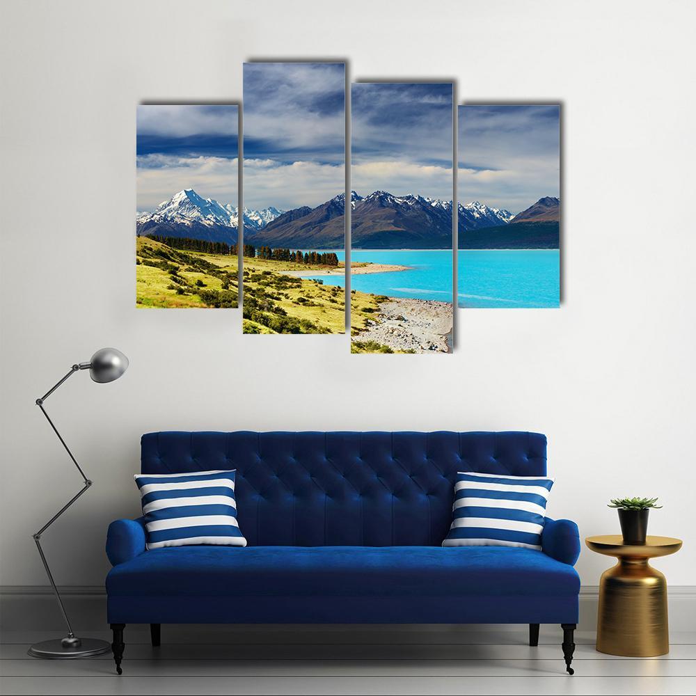 Mount Cook And Pukaki Lake Canvas Wall Art-4 Pop-Gallery Wrap-50" x 32"-Tiaracle
