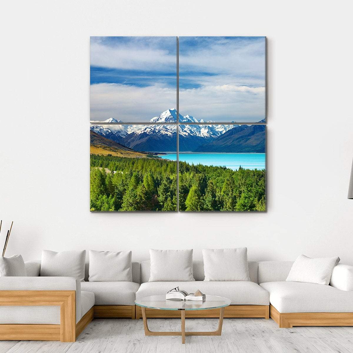 Mount Cook &amp; Pukaki Lake Canvas Wall Art-4 Square-Gallery Wrap-17" x 17"-Tiaracle