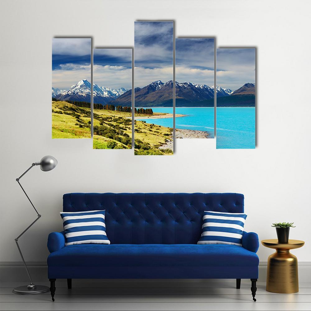 Mount Cook And Pukaki Lake Canvas Wall Art-5 Pop-Gallery Wrap-47" x 32"-Tiaracle