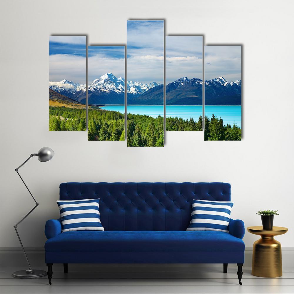 Mount Cook & Pukaki Lake Canvas Wall Art-5 Pop-Gallery Wrap-47" x 32"-Tiaracle