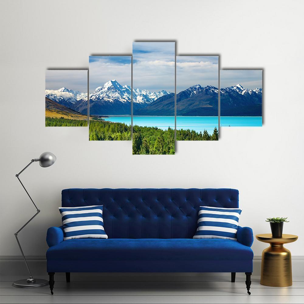 Mount Cook & Pukaki Lake Canvas Wall Art-5 Pop-Gallery Wrap-47" x 32"-Tiaracle