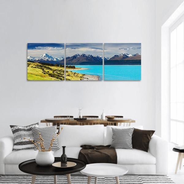 Mount Cook And Pukaki Lake Panoramic Canvas Wall Art-3 Piece-25" x 08"-Tiaracle