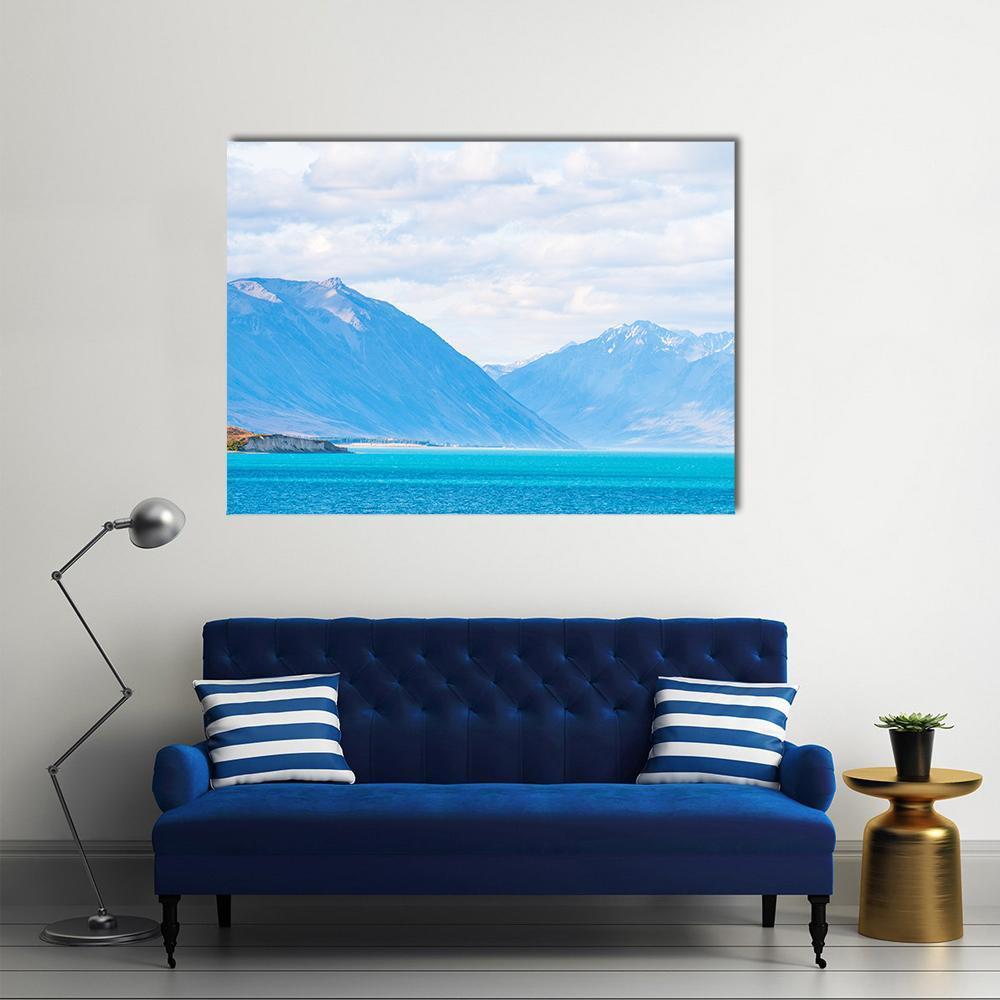 Mount Cook and Lake Tekapo Canvas Wall Art in white and blue, single panel hung on a wall