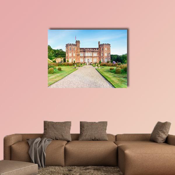 Mount Edgcumbe Manor and Garden Canvas Wall Art in brown, green and blue, single panel hung on a wall