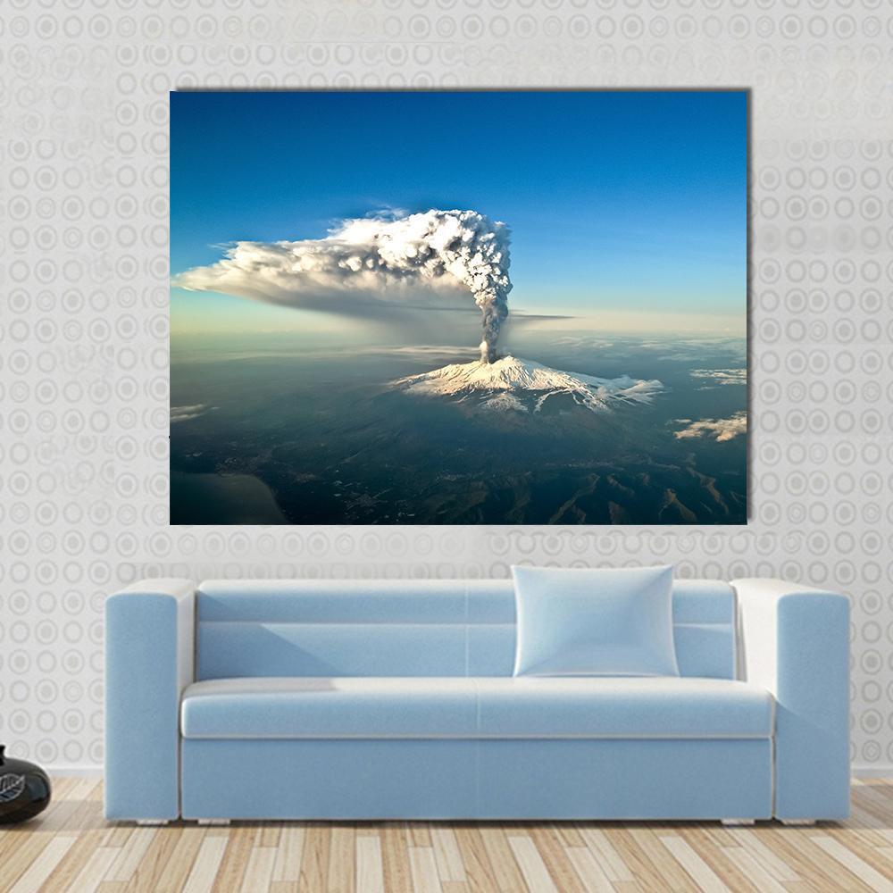Mount Etna Eruption Canvas Wall Art in white, gray and blue, single panel hung on a wall