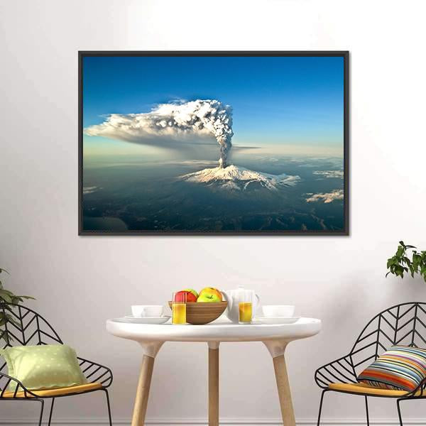 Mount Etna Eruption Canvas Wall Art in white, gray and blue, framed canvas, product view on a white background