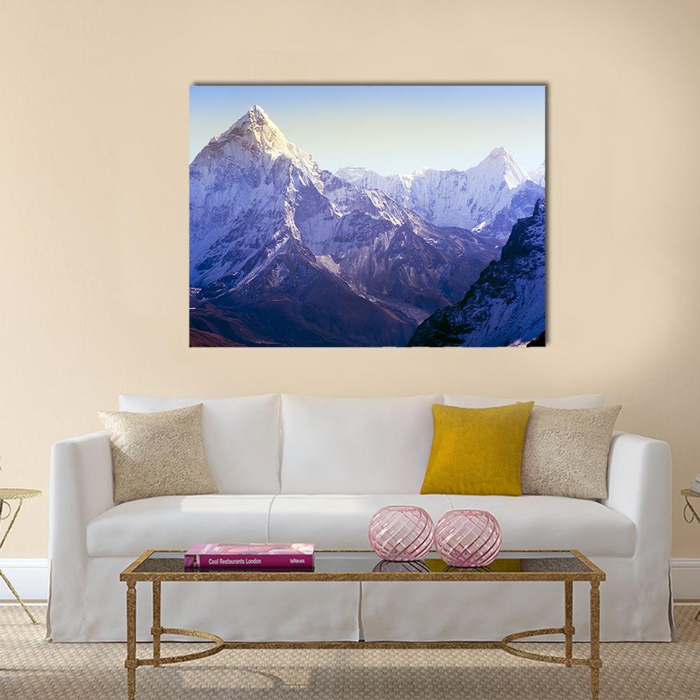 Majestic Mount Everest in Daylight Canvas Wall Art in white and blue, single panel hung on a wall