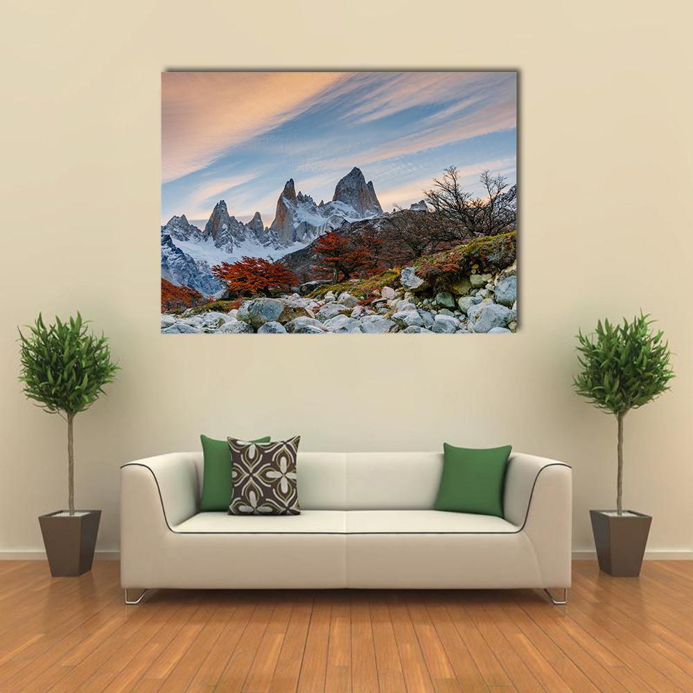 Mount Fitzroy at Sunset Canvas Wall Art in gray, orange and blue, single panel hung on a wall