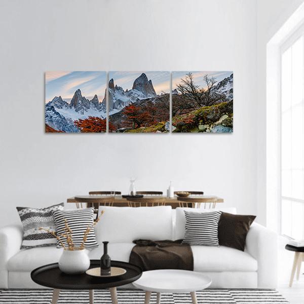 Mount Fitzroy at Sunset Panoramic Canvas Wall Art in white, orange and blue, hung on a wall