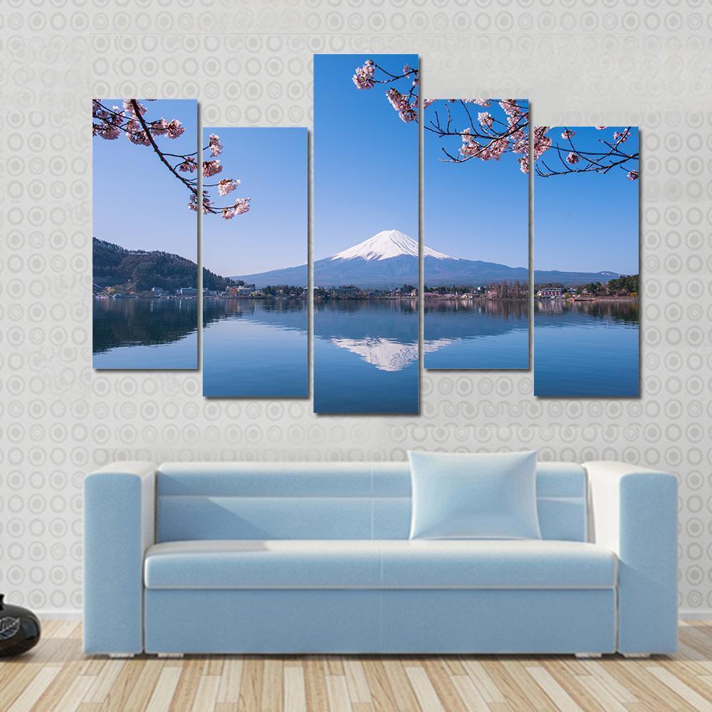 Mount Fuji &amp; Cherry Tree Canvas Wall Art-5 Pop-Gallery Wrap-47" x 32"-Tiaracle