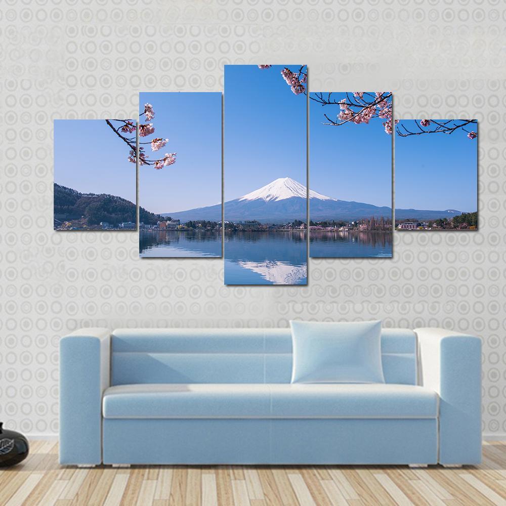 Mount Fuji &amp; Cherry Tree Canvas Wall Art-5 Star-Gallery Wrap-62" x 32"-Tiaracle