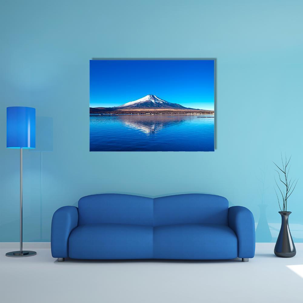 Mount Fuji and Lake Yamanaka Canvas Wall Art in white and blue, single panel hung on a wall